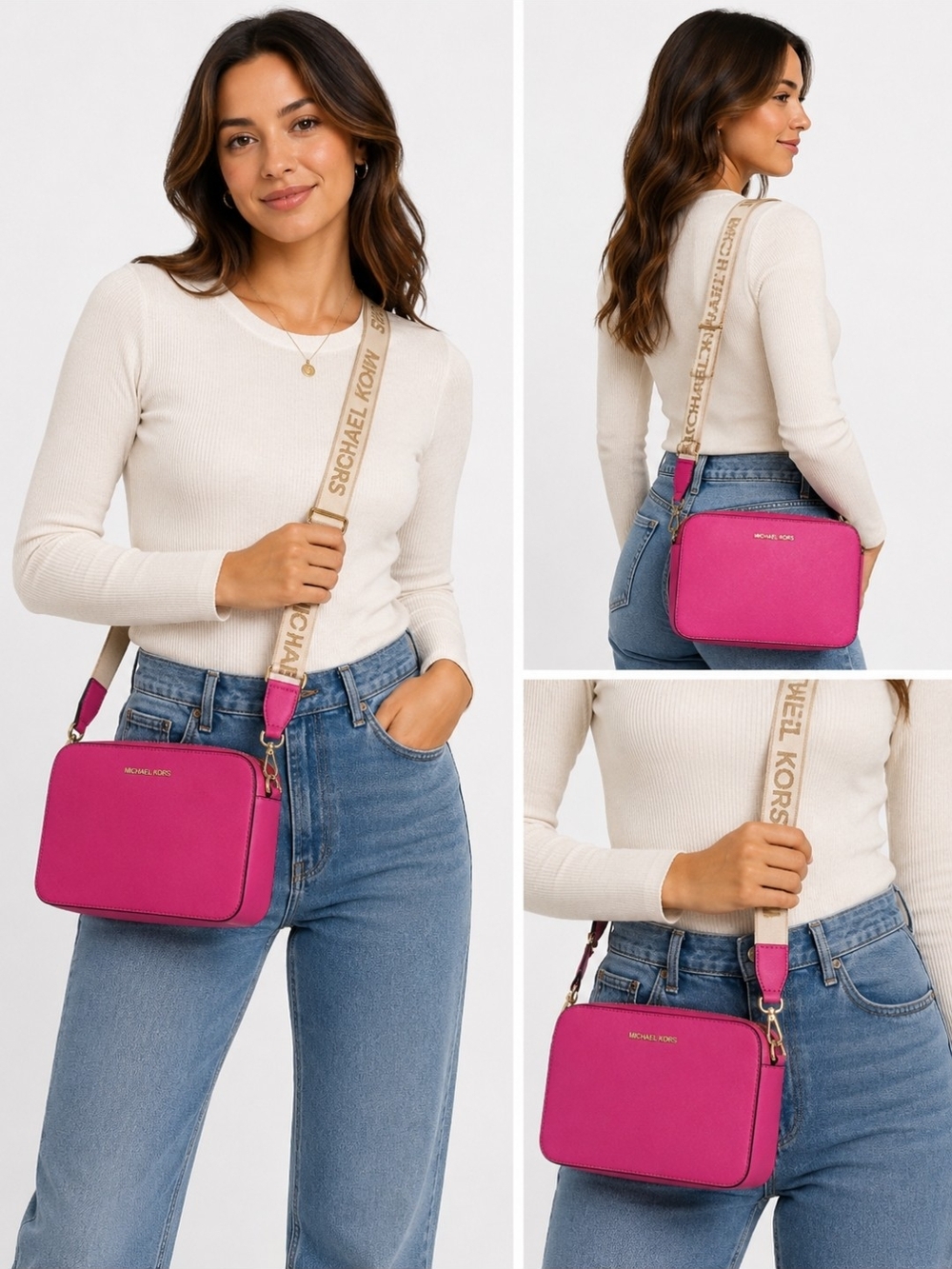 Michael Kors Crossbody Bag - Fuchsia with Tan Strap